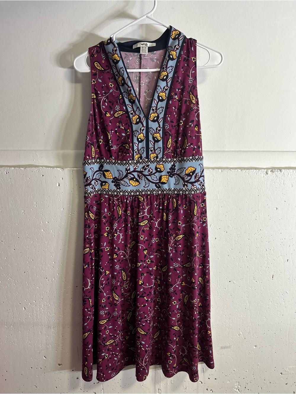 Sleeveless Plum Midi Dress with Light Blue Embroidered Waistband